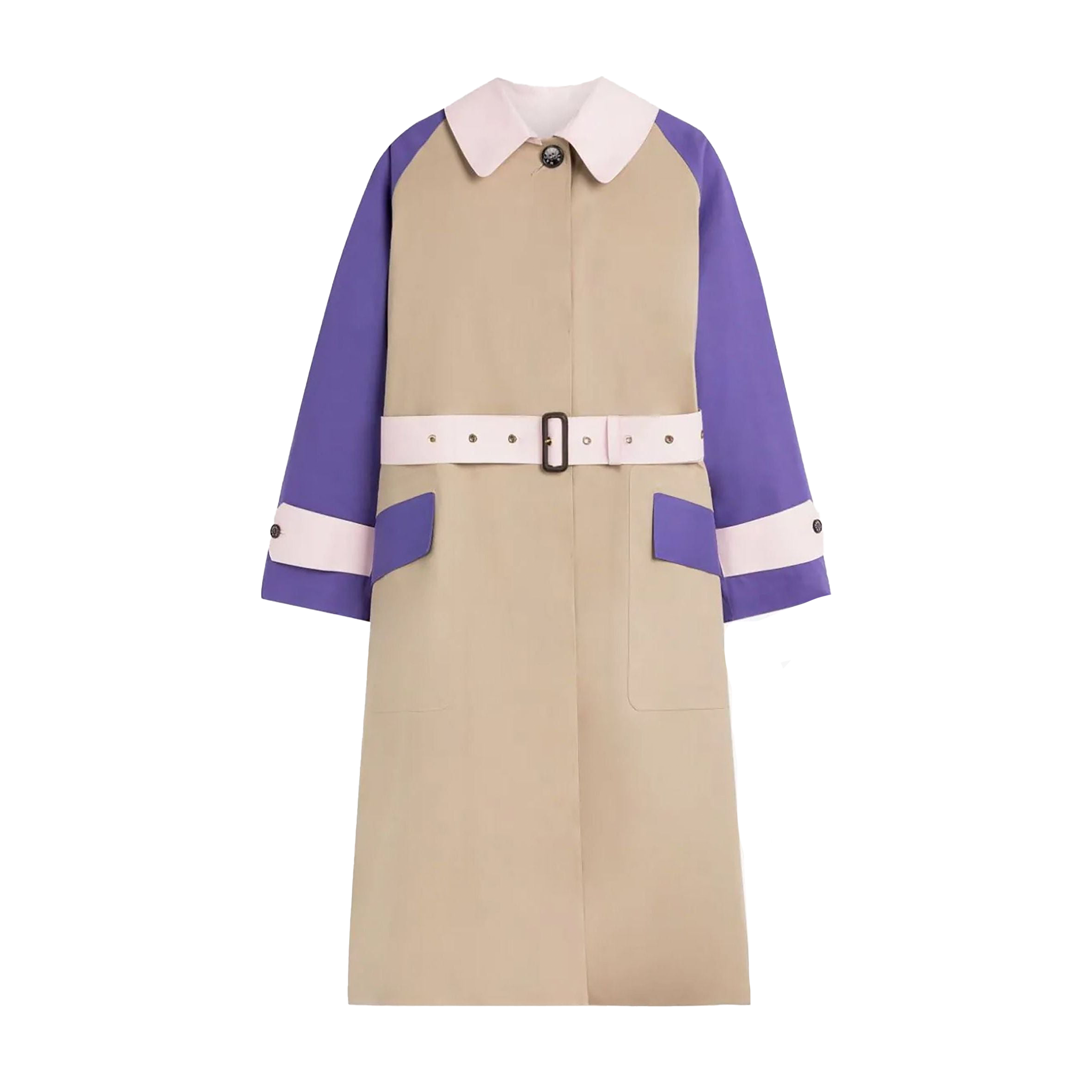 The W Knightwoods by Mackintosh is a beige trench coat made from waterproof bonded cotton, featuring purple sleeves, a white collar and belt, buttoned cuffs, and front pockets that pay homage to classic Mackintosh design codes.