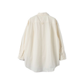 An oversized cream-colored long-sleeve button-up men's shirt from the Margaret Howell brand, known as the W Oversized Painters Shirt, crafted from compact cotton poplin, is displayed facing backward.