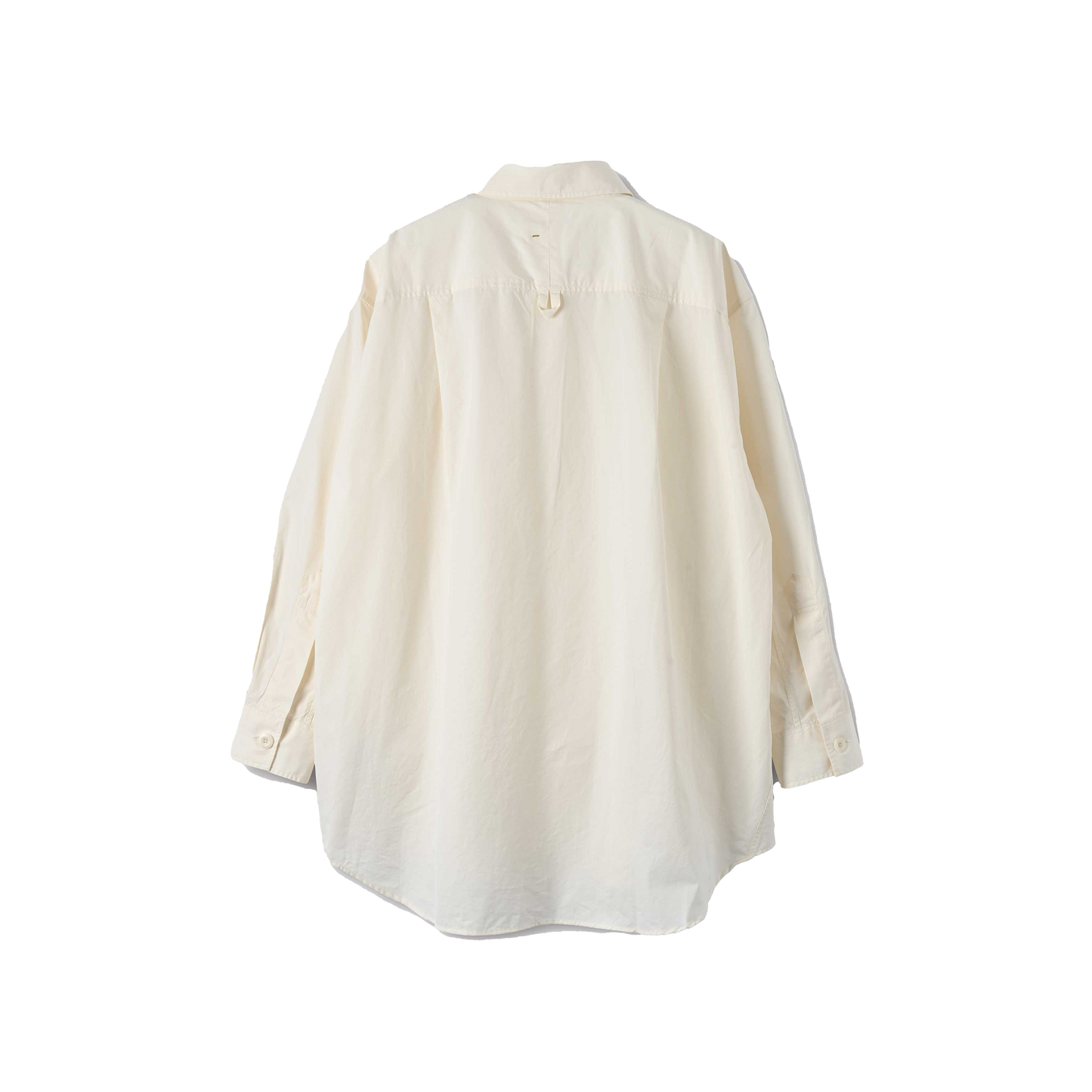 An oversized cream-colored long-sleeve button-up men's shirt from the Margaret Howell brand, known as the W Oversized Painters Shirt, crafted from compact cotton poplin, is displayed facing backward.