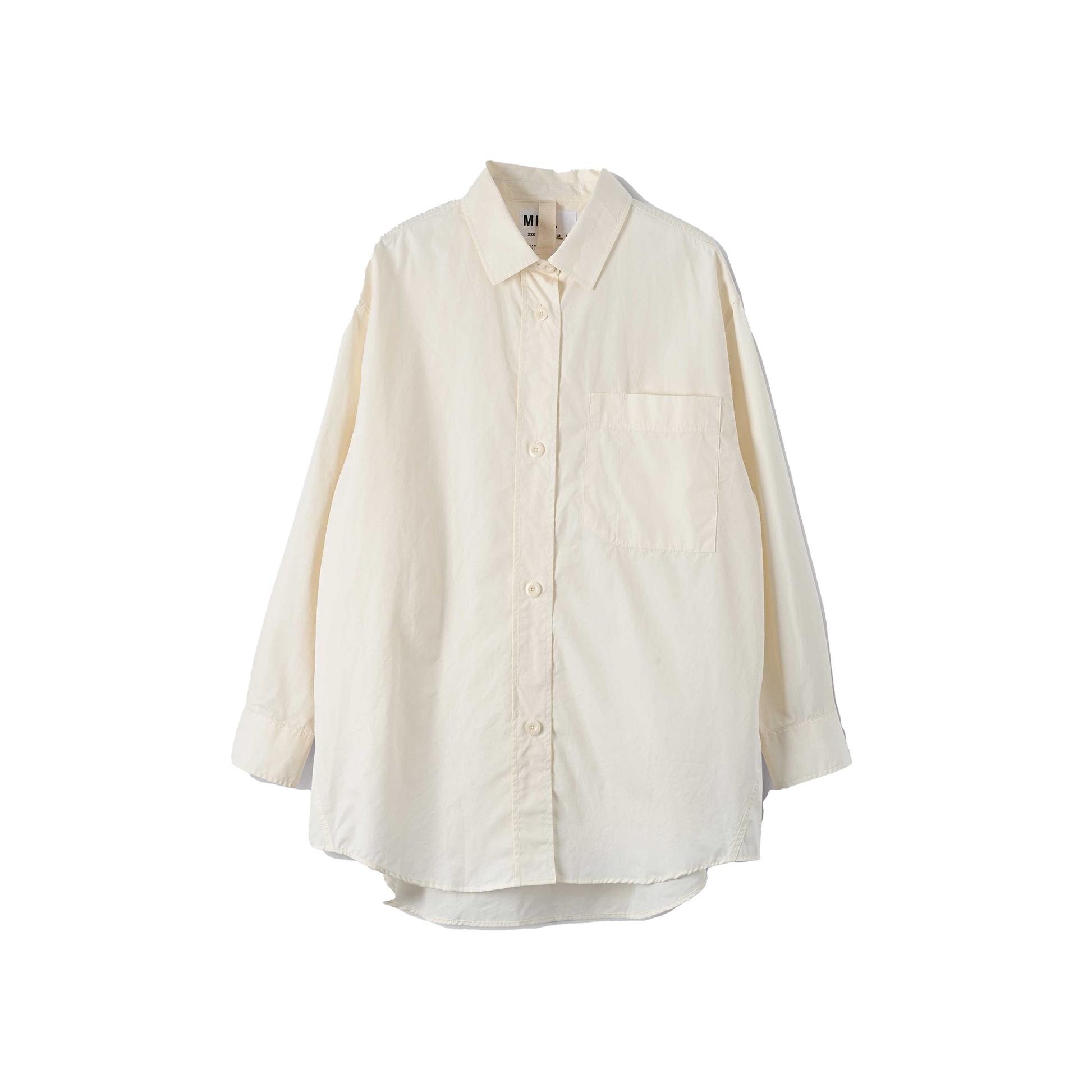The W Oversized Painters Shirt by Margaret Howell is a men's button-up shirt in cream, made from compact cotton poplin, featuring a single chest pocket and elegantly tapered long sleeves.