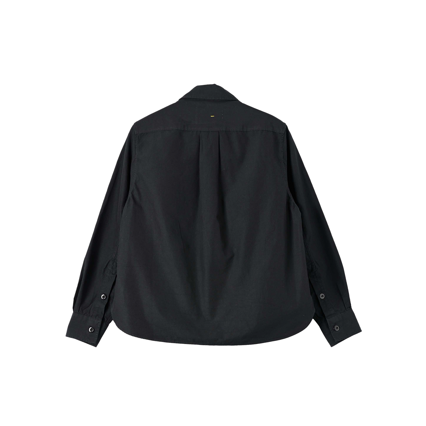 The Margaret Howell Simple Shirt is a cropped-fit, black long-sleeve button-up made from cotton poplin, featuring buttoned cuffs and a center pleat.