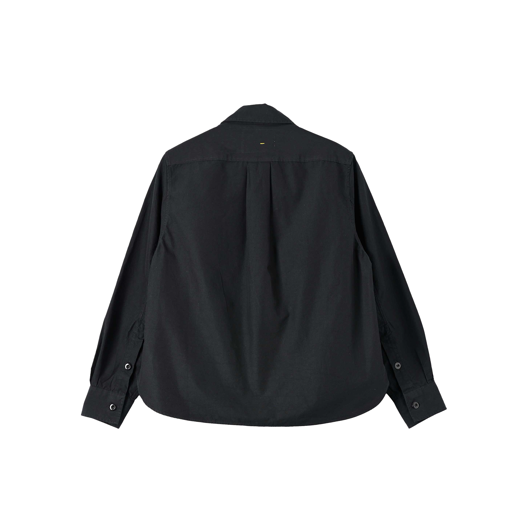The Margaret Howell Simple Shirt is a cropped-fit, black long-sleeve button-up made from cotton poplin, featuring buttoned cuffs and a center pleat.