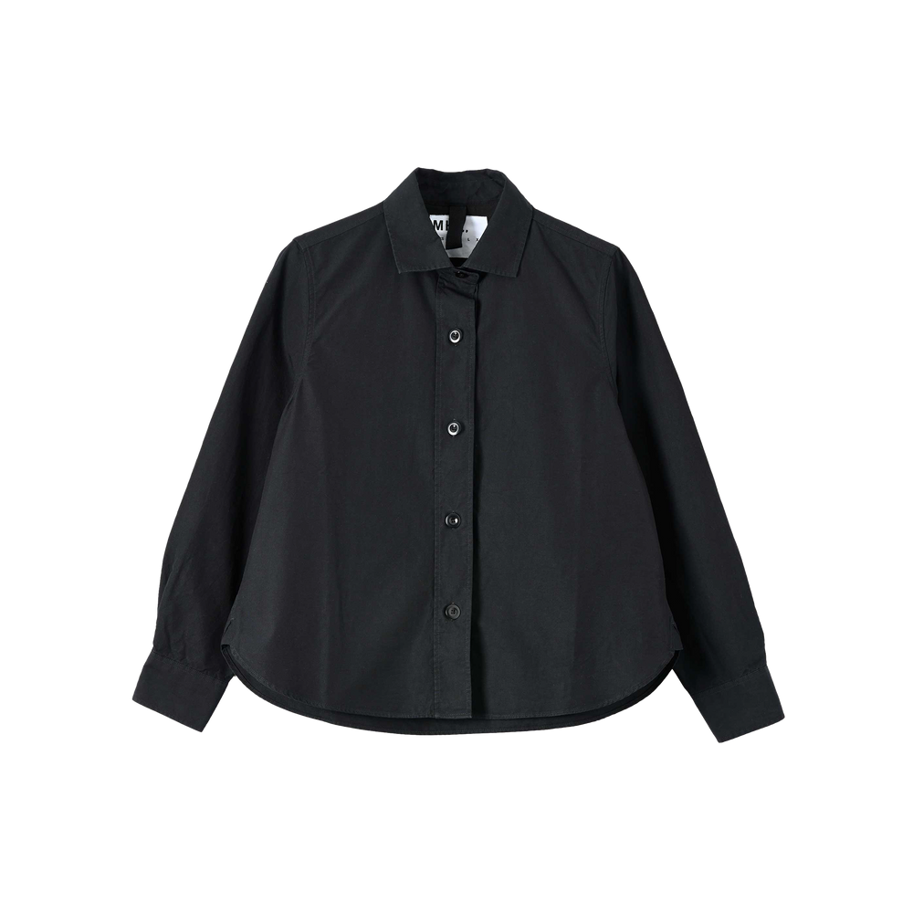 The Simple Shirt by Margaret Howell features a cropped fit, black color, and long sleeves with a button-up design and collar. Made from luxurious cotton poplin, it's showcased against a white background.