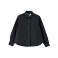 The Simple Shirt by Margaret Howell features a cropped fit, black color, and long sleeves with a button-up design and collar. Made from luxurious cotton poplin, it's showcased against a white background.