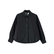 The Simple Shirt by Margaret Howell features a cropped fit, black color, and long sleeves with a button-up design and collar. Made from luxurious cotton poplin, it's showcased against a white background.