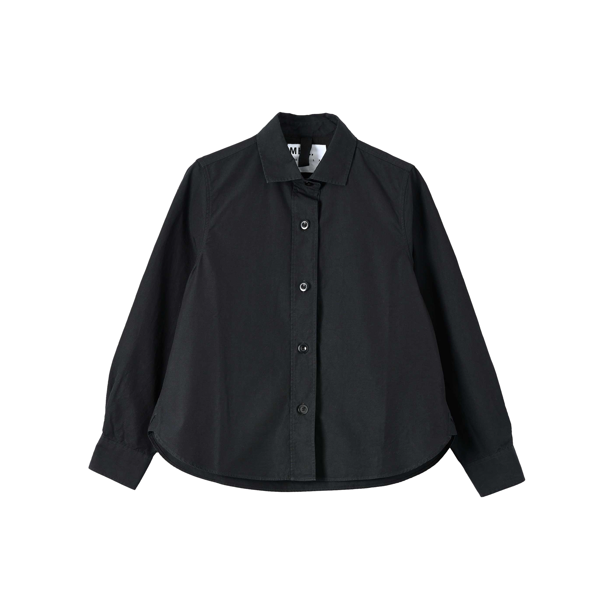 The Simple Shirt by Margaret Howell features a cropped fit, black color, and long sleeves with a button-up design and collar. Made from luxurious cotton poplin, it's showcased against a white background.