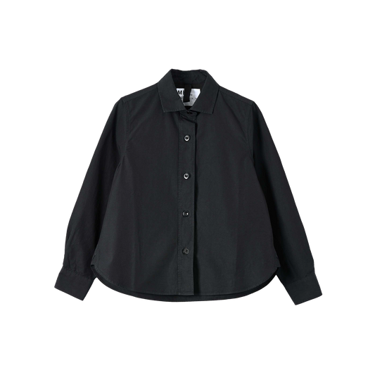 The Simple Shirt by Margaret Howell features a cropped fit, black color, and long sleeves with a button-up design and collar. Made from luxurious cotton poplin, it's showcased against a white background.
