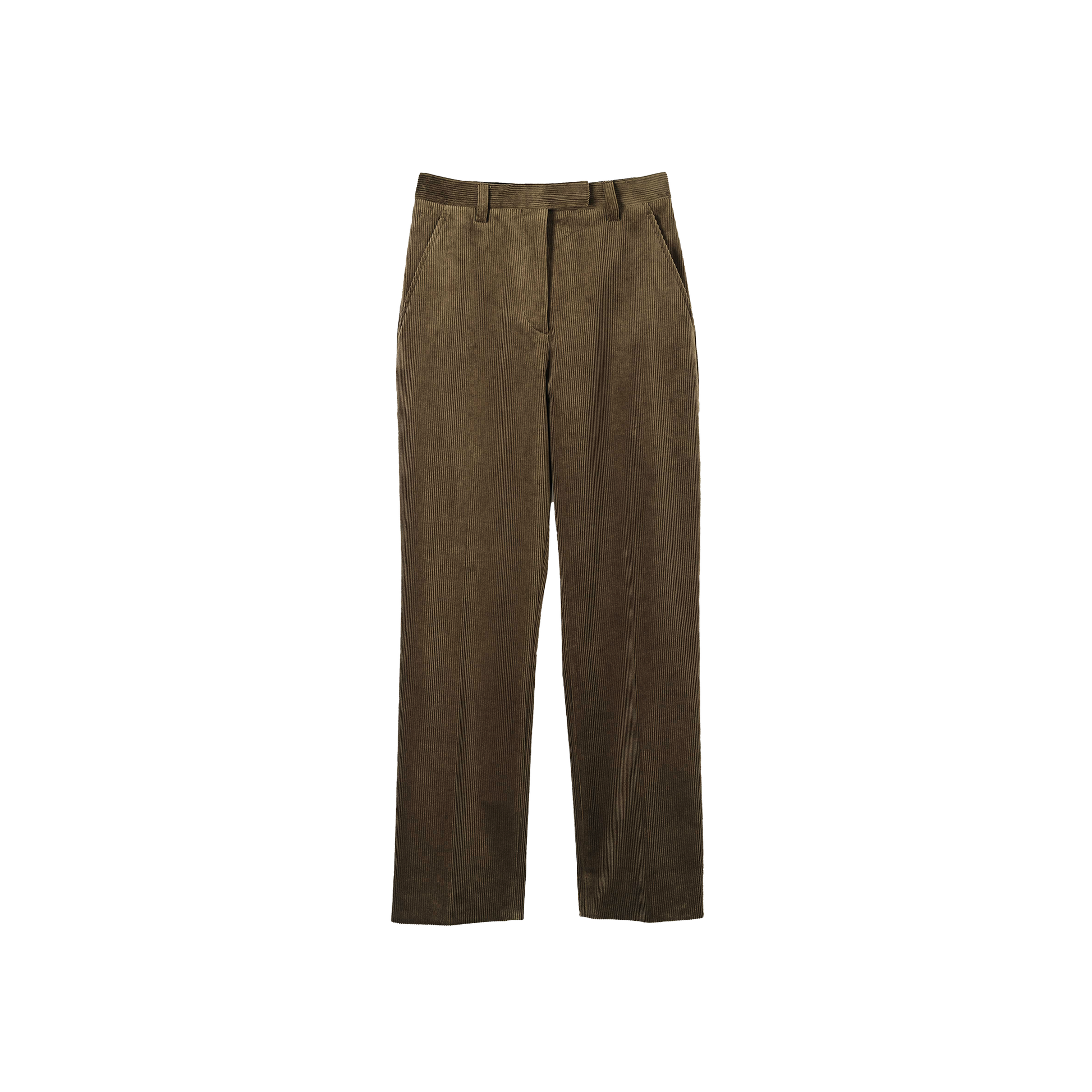 Slim Tapered Trouser by Margaret Howell, featuring brown cotton corduroy with side pockets and belt loops, displayed against a white background.