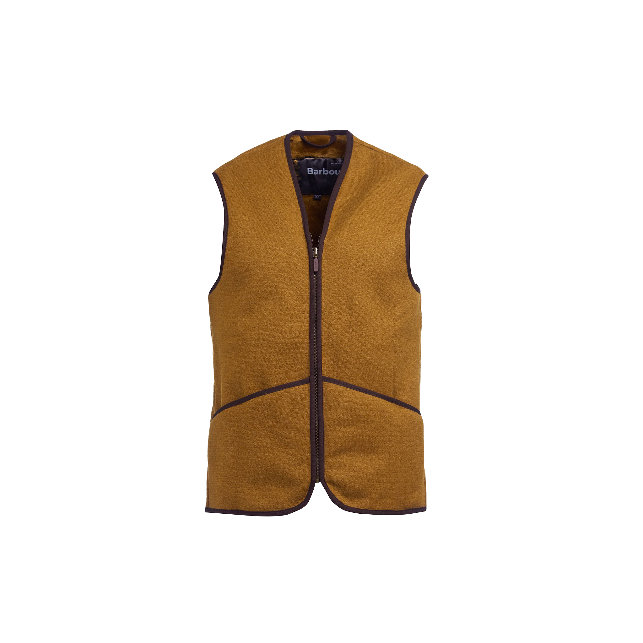 The Barbour M Warm Pile Waistcoat Zip-In Liner is a sleeveless brown fleece vest with a front zipper and dark brown trim, designed to be a versatile addition to Barbour jackets. It prominently features the iconic "Barbour" label inside.