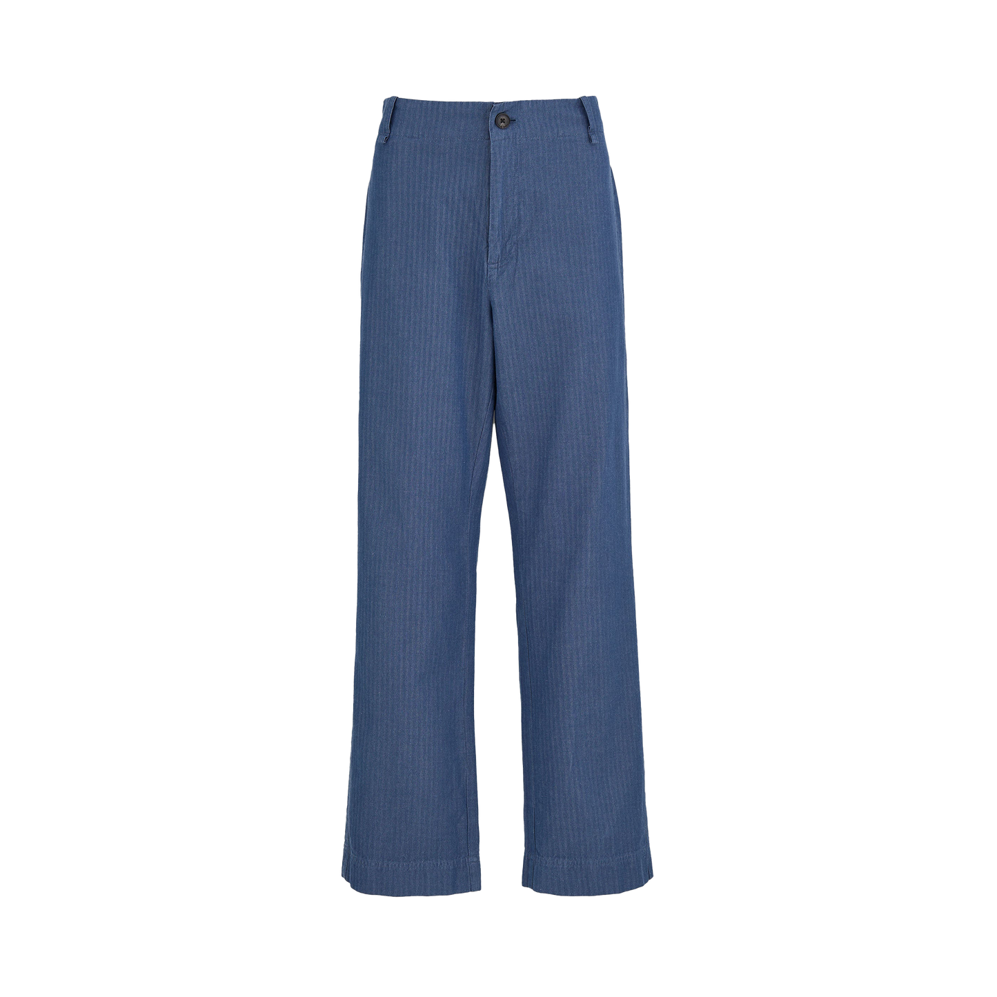 The Willa Pant Herringbone by Aiayu features high-waist blue wide-leg design with button and zip closure, crafted from organic cotton with subtle vertical stripes.
