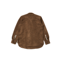 Universal Works Work Shirt in brown wool, featuring a back view with long sleeves, a two-pocket design, buttoned cuffs, and a curved hem.