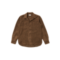Universal Works' Work Shirt in wool features a brown button-up design with a one-piece collar, long sleeves, and two pockets, laid flat against a white background.
