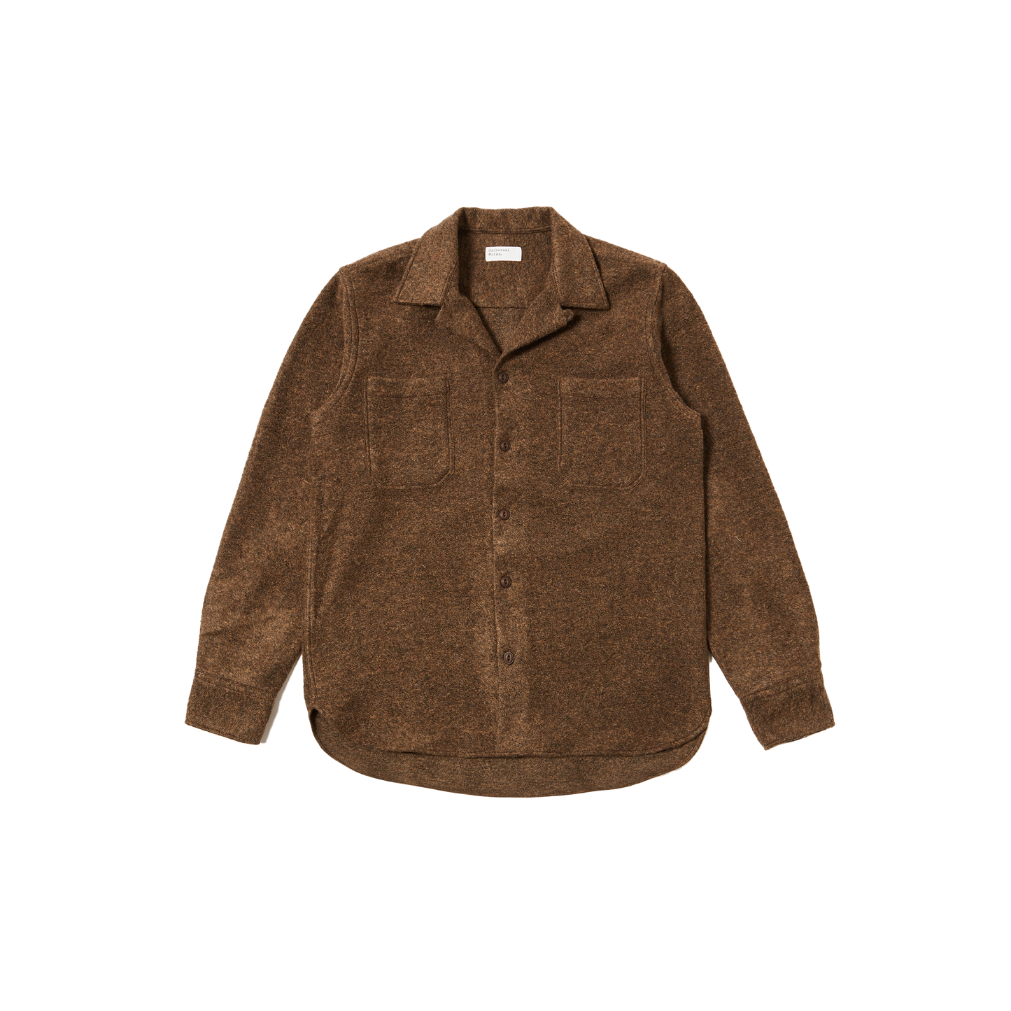 Universal Works' Work Shirt in wool features a brown button-up design with a one-piece collar, long sleeves, and two pockets, laid flat against a white background.