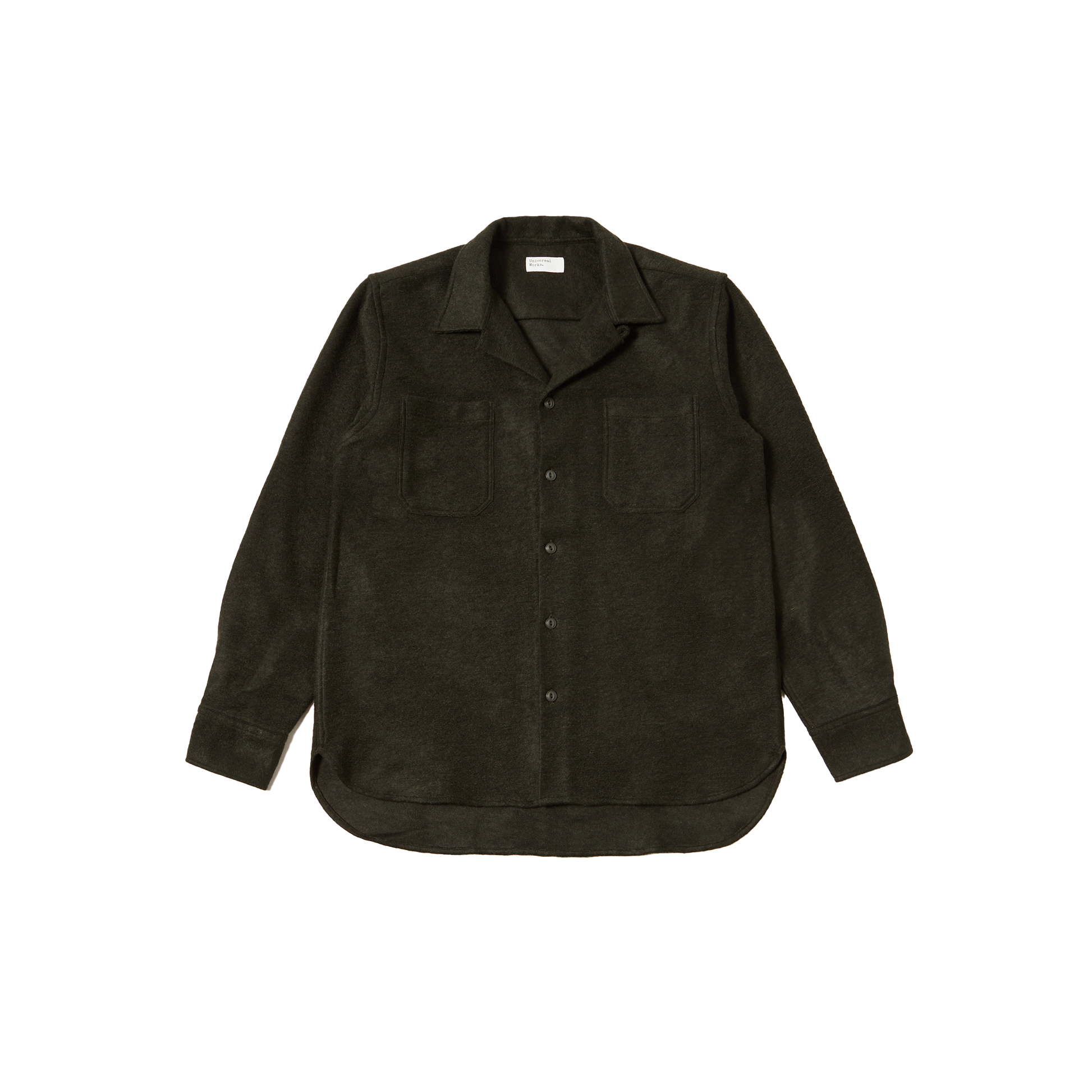 Universal Works Work Shirt in dark green, showcasing a one-piece collar, long sleeves, and a two-pocket design, laid flat on a white background.