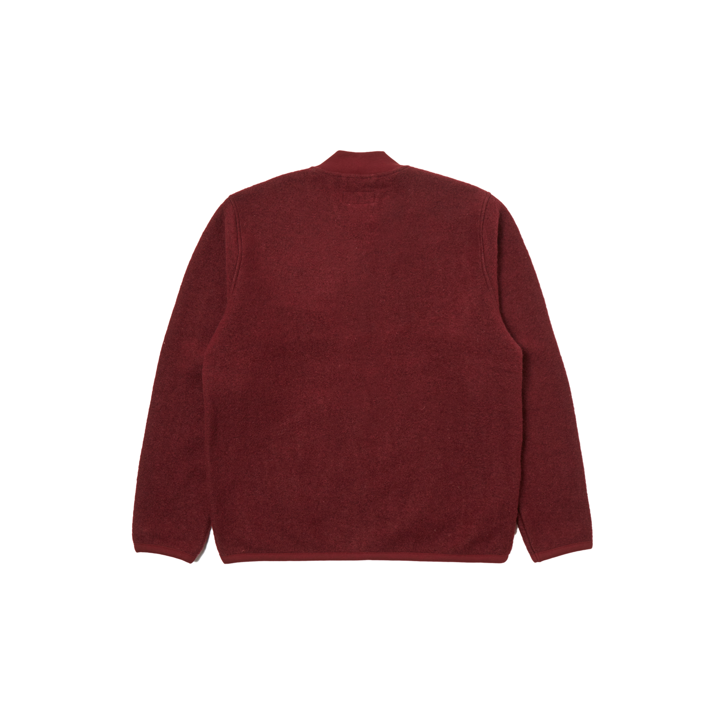 Back view of the Universal Works Zip Bomber Fleece in maroon, showcasing its regular fit and two-way zip, set against a white background.