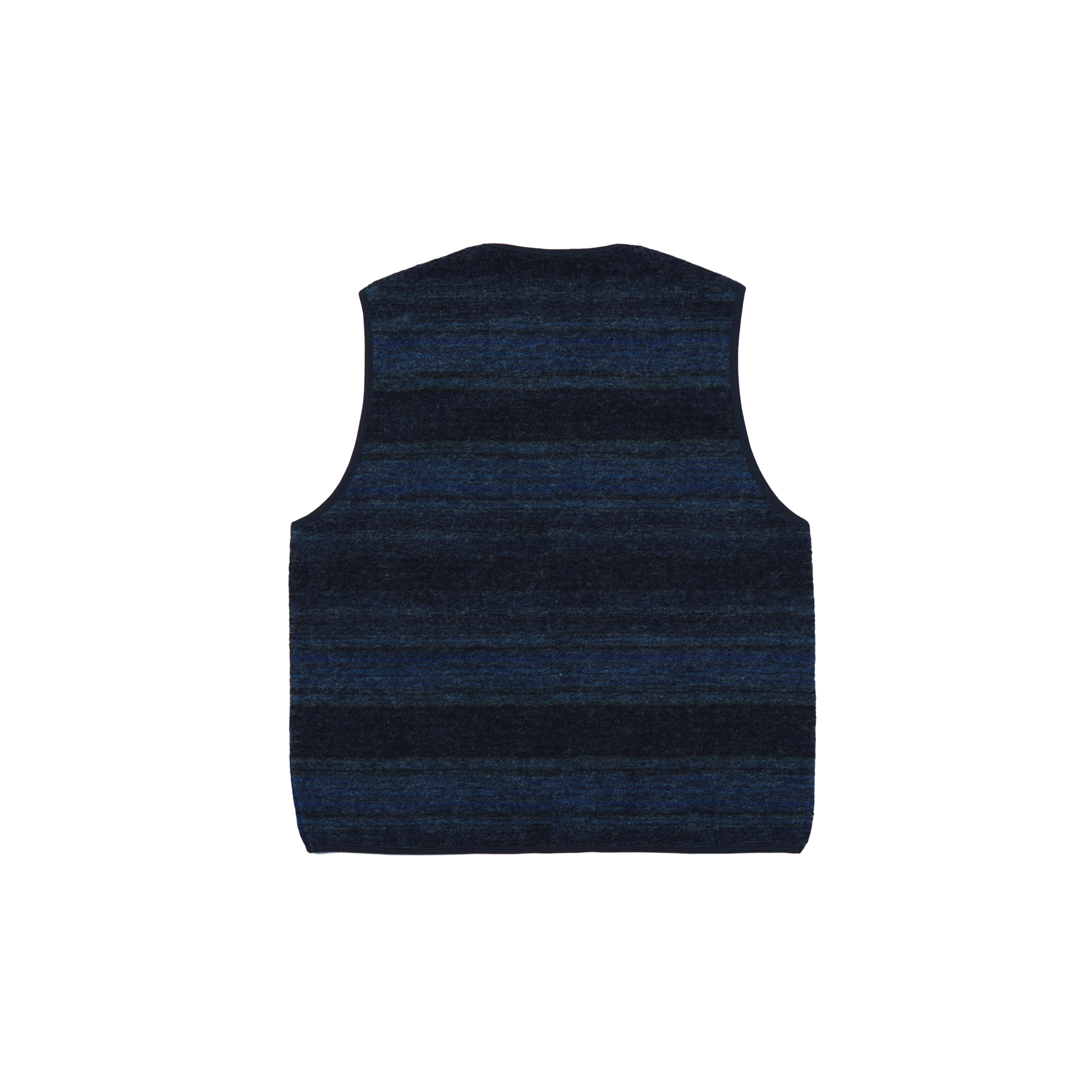 A back view of the Universal Works Zip Gillet—crafted from a dark blue striped wool-polyester blend reminiscent of a Mississippi fleece—against a plain background.