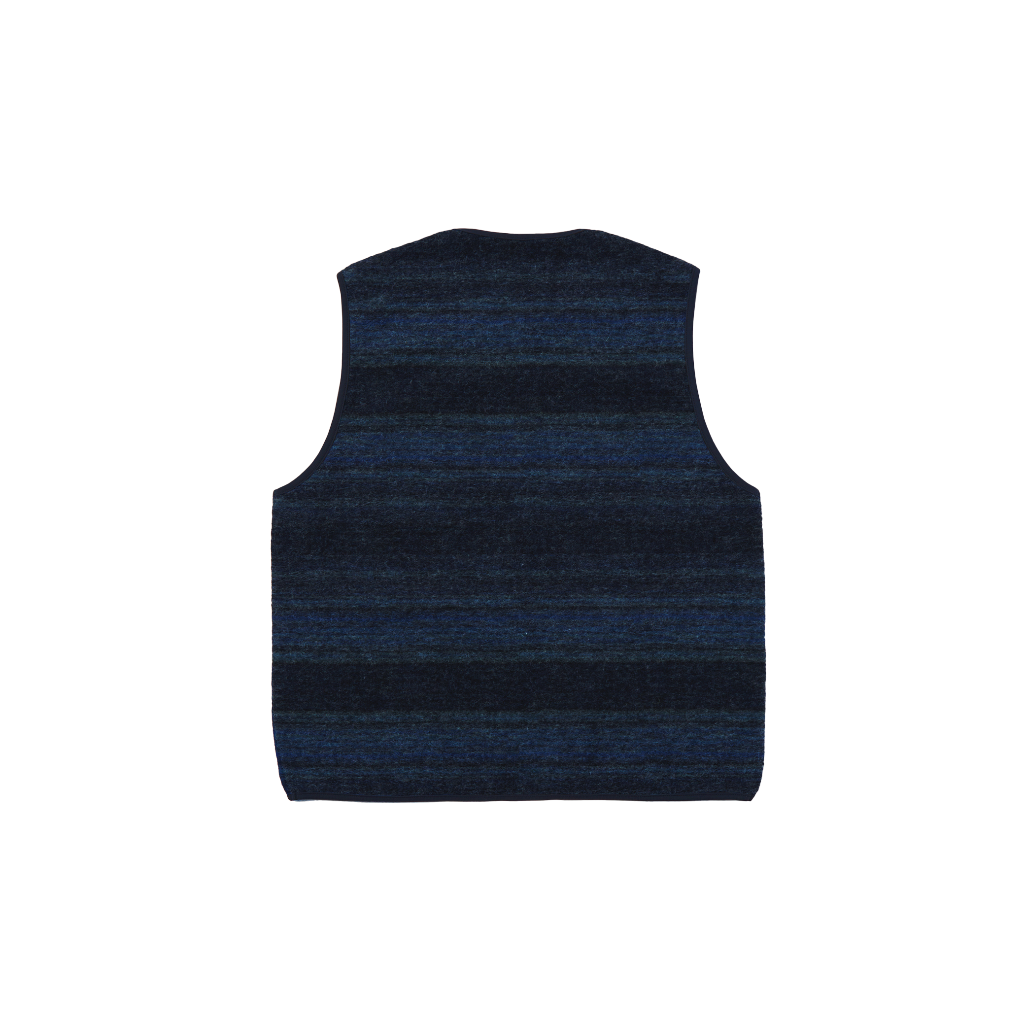 A back view of the Universal Works Zip Gillet—crafted from a dark blue striped wool-polyester blend reminiscent of a Mississippi fleece—against a plain background.