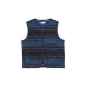 The Universal Works Zip Gillet showcases a sleeveless design with horizontal blue and black stripes, providing a stylish look for any outing.