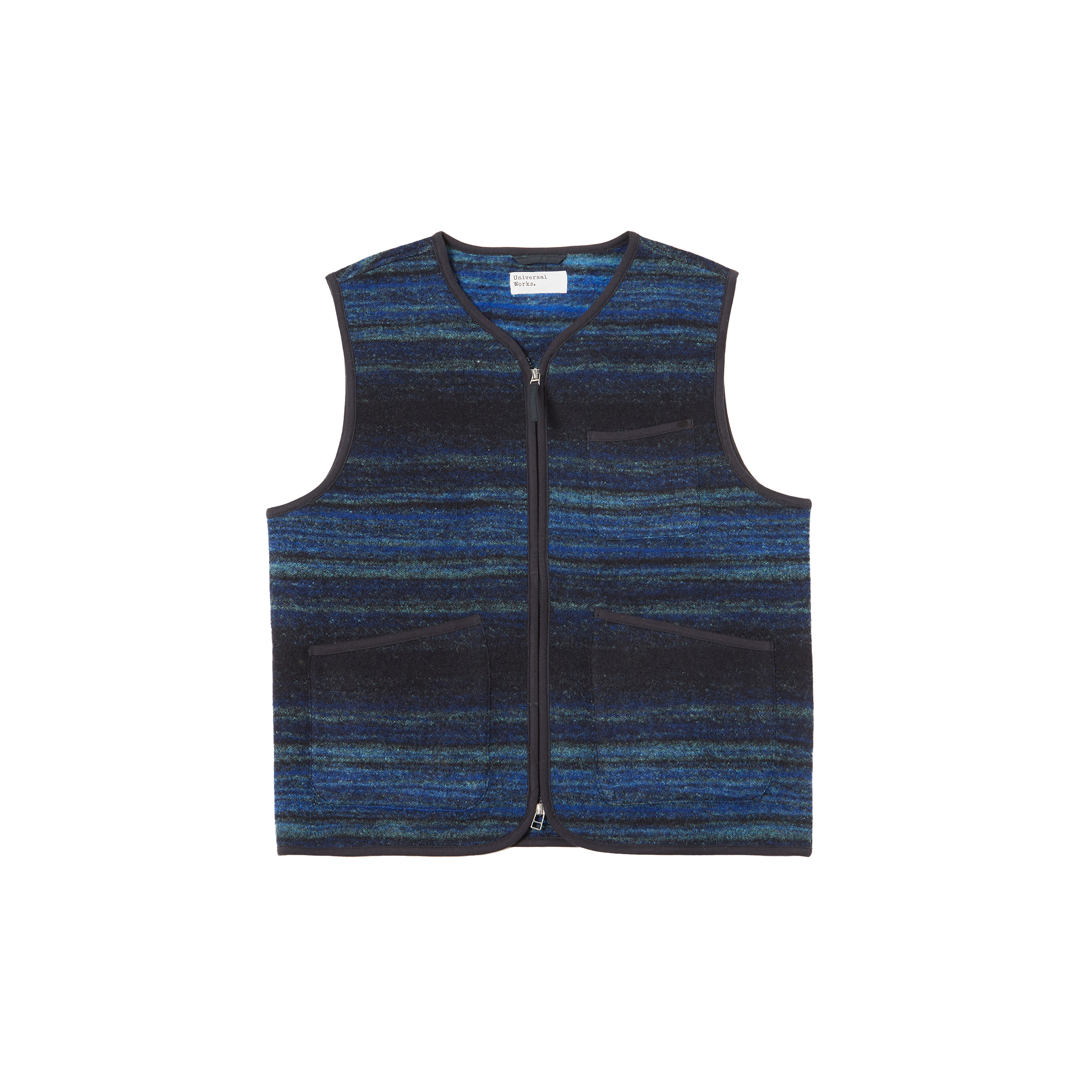 The Universal Works Zip Gillet showcases a sleeveless design with horizontal blue and black stripes, providing a stylish look for any outing.